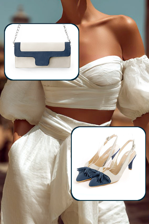 Women's denim blue and off white elegant slingback heels, with a bow on the front. Tapered toe. Medium slim heel - Top view